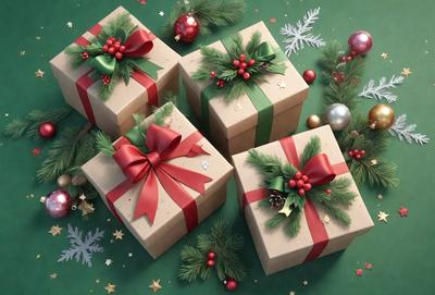 The primary subject of the image is a group of five wrapped presents, each with a bow. The presents are placed on a green surface, which could be a table or a background. The visual style of the image is a combination of photo and digital art, creating a realistic yet artistic representation of the presents. The colors and mood of the image are predominantly green and festive, as the presents are wrapped in Christmas paper and adorned with Christmas decorations.